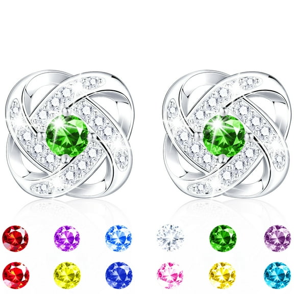 APSVO 18K White Gold plated Love Knot Stud Earrings for Women CZ S925 Sterling Silver May Birthstone Earrings with Green Emerald Birthday Jewelry Gifts Ideas Mom Wife Tween Teen Preteen Age