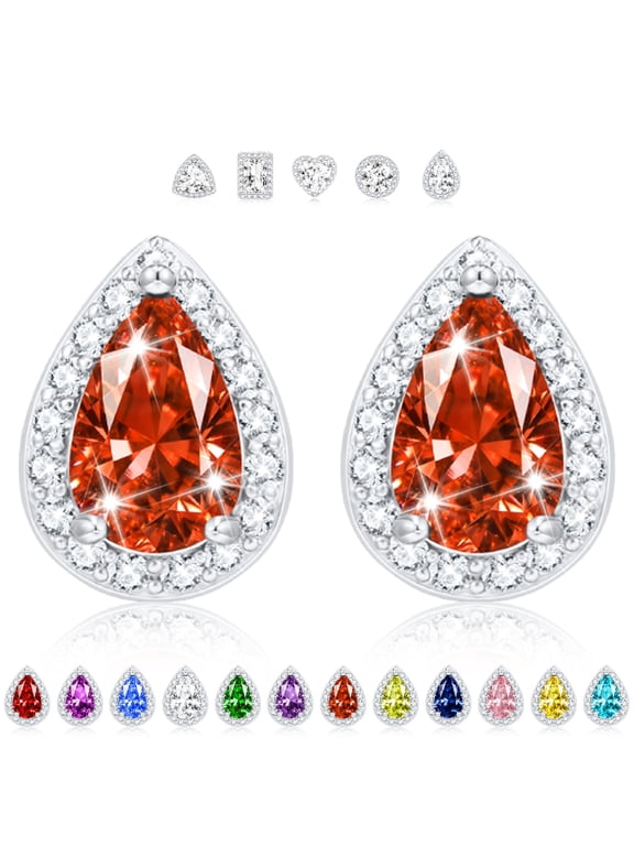 18K White Gold Plated Teardrop Stud Earrings for Women CZ with S925 Silver Post July Birthstone Earrings with Red Ruby Birthday Christmas Jewelry Gifts Teen Girls Stocking Stuffers Kids Age