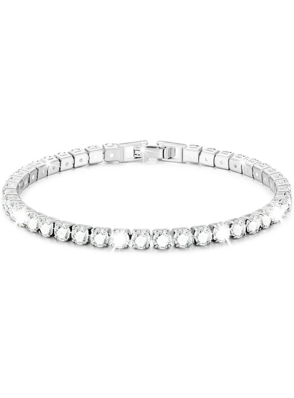 18K White Gold Plated Tennis Bracelets for Women Girls CZ S925 Sterling Silver April Birthstone Bracelets with Crystal Birthday Christmas Jewelry Gifts Teen Mom Adult Stocking Stuffers Kids Age