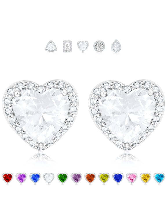 18K White Gold Plated Love Heart Stud Earrings for Women Hypoallergenic with S925 Silver Post April Birthstone Earrings Birthday Christmas Jewelry Gifts Teen Girls Stocking Stuffers Kids Ideas