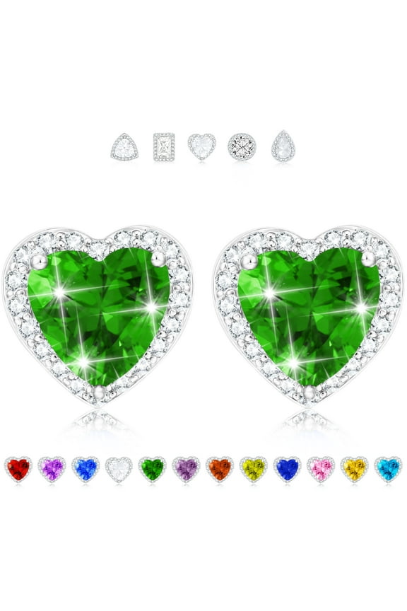 Love Heart Stud Earrings for Women Girls CZ S925 Sterling Silver Post May Birthstone Earrings with Green Emerald Birthday Easter Basket Stuffers Jewelry Gifts Teen Adults Girlfriend Kids Age