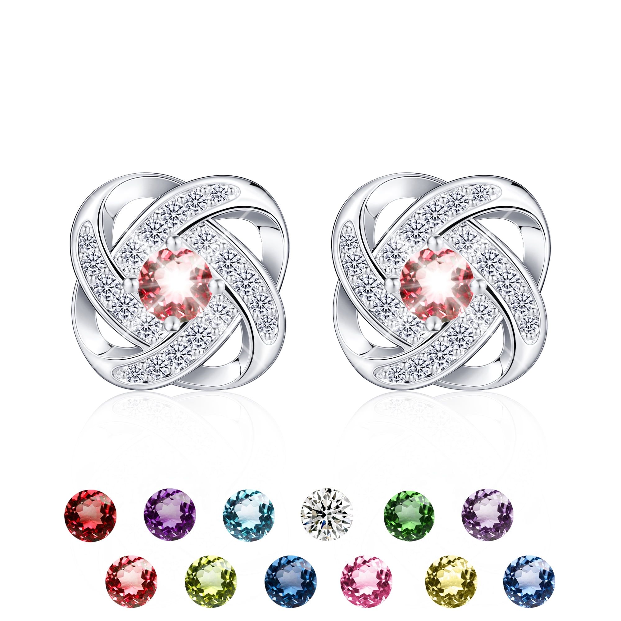 APSVO 18K White Gold Plated Stud Earrings for Women,Love Knot Stud Earrings,S925 Sterling Silver July Birthstone Earrings with Red Ruby,CZ Christmas Stud Earring Jewelry Birthday Gift for Her