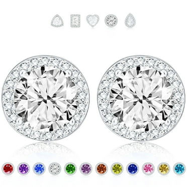 APSVO 18K White Gold Plated Round Stud Earrings for Women CZ S925 Sterling Silver April Birthstone Earrings with Crystal Wedding Graduation Birthday Jewelry Gifts Teen Bride Mom Ideas Age