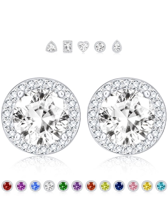 18K White Gold Plated Stud Earrings for Women Hypoallergenic CZ with S925 Silver Post April Birthstone Earrings Birthday Christmas Jewelry Gifts Teen Girls Stocking Stuffers Kids