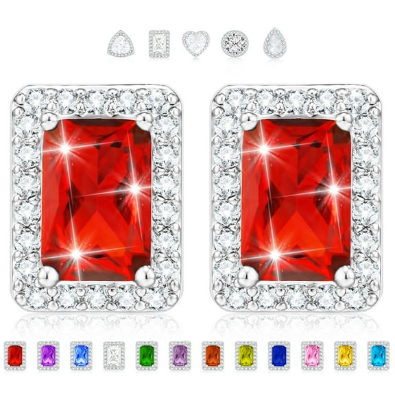 APSVO Rectangle Stud Earrings for Women Girls Post CZ S925 Sterling Silver January Birthstone Earrings with Red Garnet Birthday Valentines Day Jewelry Gifts Teen Girlfriend Wife Her Kids Age Ideas