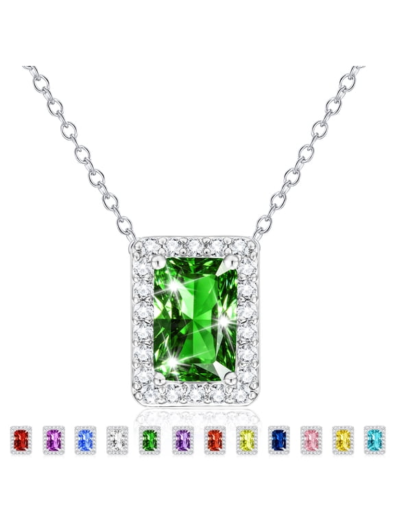 S925 Sterling Silver Plated Rectangle Necklaces for Women CZ May Birthstone Pendant Chain with Green Emerald Birthday Jewelry Gifts Teen Girls