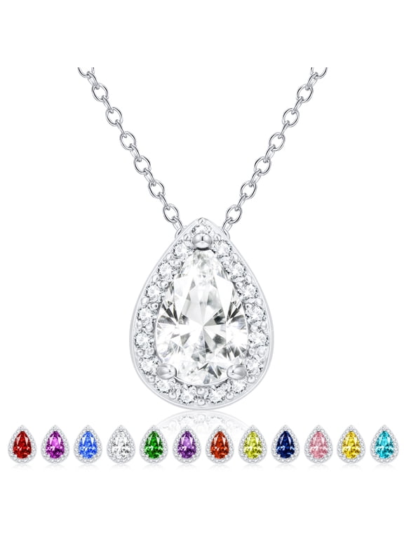 S925 Sterling Silver Plated Teardrop Necklaces for Women CZ April Birthstone Pendant Chain with Crystal Birthday Jewelry Gifts Teen Girls