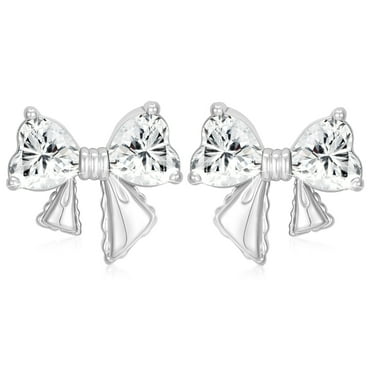 APSVO 18K White Gold Plated Bow Love Heart Stud Earrings for Women Girls CZ Hypoallergenic Post S925 Sterling Silver April Birthstone Earrings Birthday Valentines Day Jewelry Gifts Teen Her Kids
