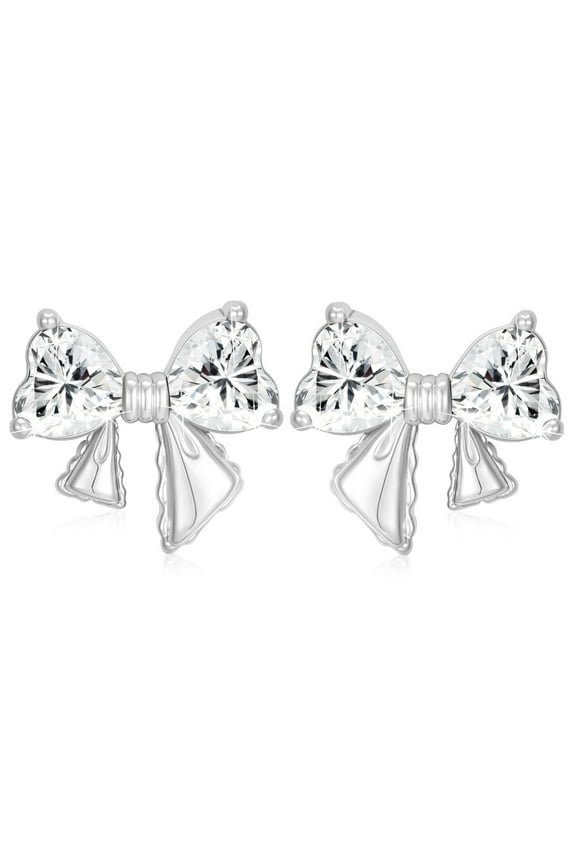 18K White Gold Plated Bow Love Heart Stud Earrings for Women Girls CZ Hypoallergenic Post S925 Sterling Silver April Birthstone Earrings Birthday Valentines Day Jewelry Gifts Teen Her Kids