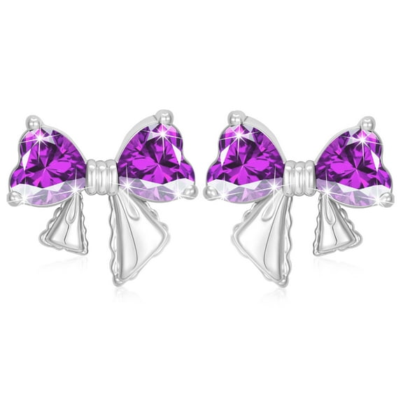 APSVO Bow Love Heart Stud Earrings for Women Girls CZ Hypoallergenic Post S925 Sterling Silver February Birthstone Earrings with Purple Amethyst Birthday Valentines Day Jewelry Gifts Teen Her Kids