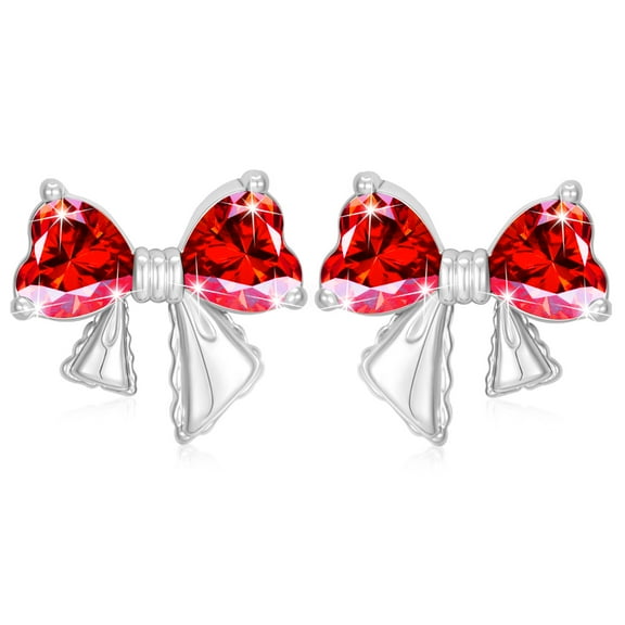 APSVO Bow Love Heart Stud Earrings for Women Girls CZ Hypoallergenic Post S925 Sterling Silver July Birthstone Earrings with Red Ruby Birthday Valentines Day Jewelry Gifts Teen Her Adults Kids Ideas
