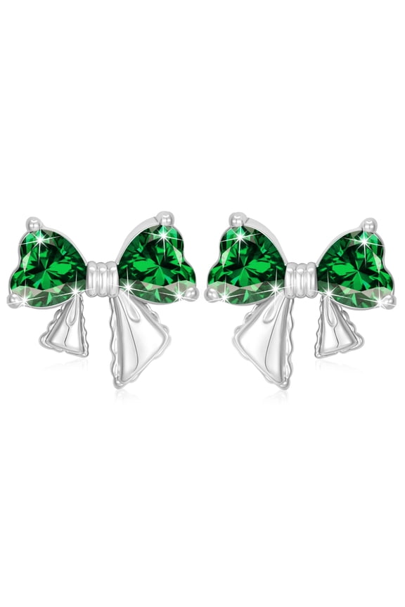 Bow Love Heart Stud Earrings for Women Girls CZ Hypoallergenic S925 Sterling Silver Post May Birthstone Earrings with Green Emerald Birthday Easter Basket Stuffers Jewelry Gifts Teen Kids