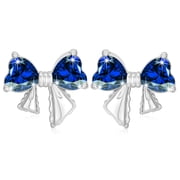 18K White Gold Plated Bow Love Heart Stud Earrings for Women with 925 Silver Post September Birthstone Earrings with Blue Sapphire Birthday Christmas Jewelry Gi