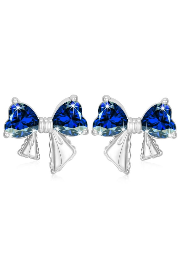 Bow Love Heart Stud Earrings for Women Girls CZ Hypoallergenic S925 Sterling Silver Post September Birthstone Earrings with Blue Sapphire Birthday Easter Basket Stuffers Jewelry Gifts Teen Kids