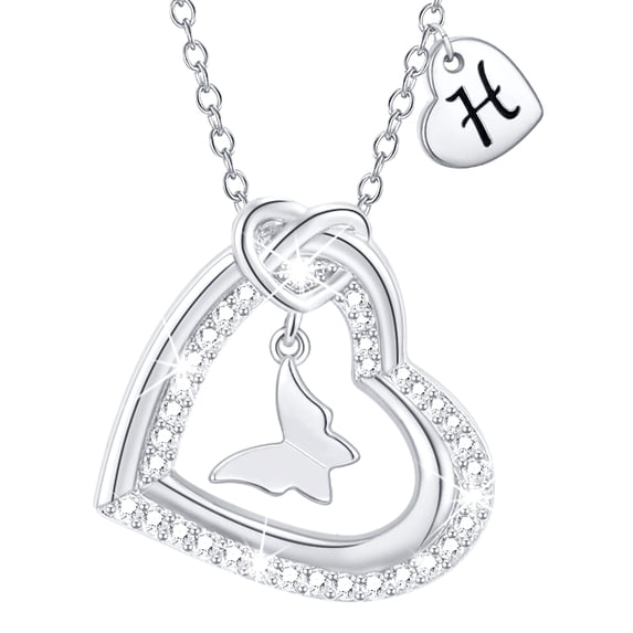 APSVO 18K White Gold Plated Love Heart Initial Butterfly Necklaces for Women Girls CZ S925 Sterling Silver Letter H Pendant Weddinen Birthday Jewelry Gifts Ideas Mom Wife Teen Kids Tween Preteen Age