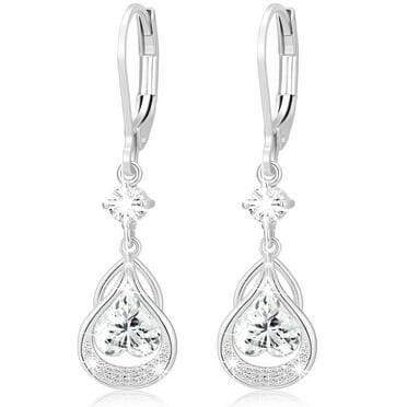 APSVO 18K White Gold Plated Love Heart Drop Earrings for Women Girls S925 Sterling Silver April Birthstone Earrings with CZ Birthday Valentines Day Jewelry Gifts Teen Her Girlfriend Wife Kids Ideas