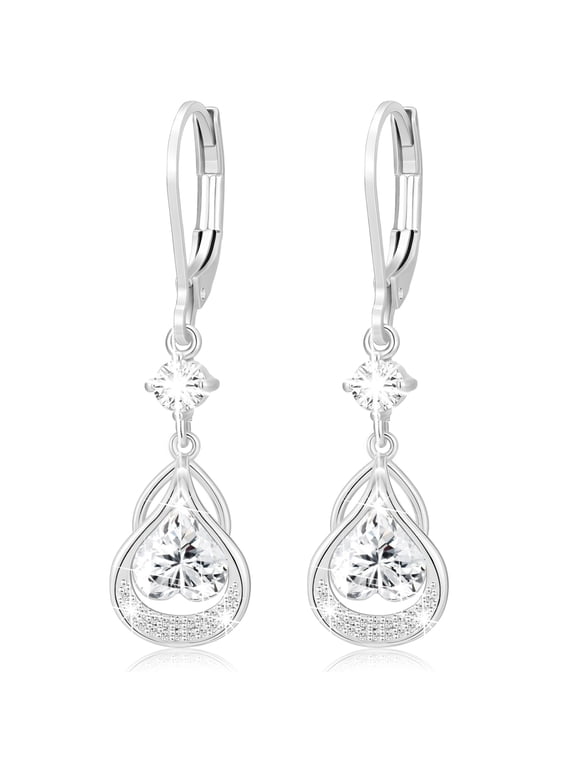 18K White Gold Plated Love Heart Drop Earrings for Women with 925 Silver Post April Birthstone Earrings with CZ Birthday Christmas Jewelry Gifts Teen Girls Stocking Stuffers Kids
