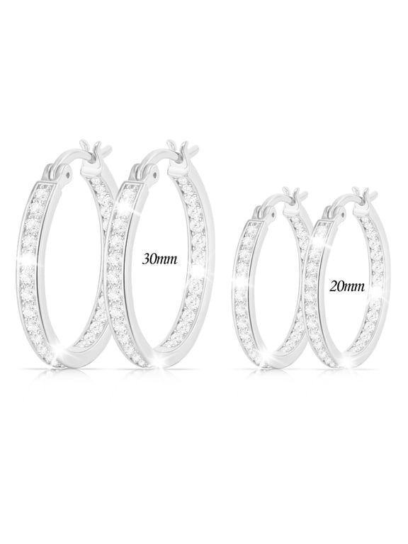 2 Pairs 18K White Gold Plated Hoop Earrings for Women CZ with S925 Sterling Silver Post Hypoallergenic Earrings Set Birthday Christmas Jewelry Gifts Girlfriend Stocking Stuffers Adults 20/30MM