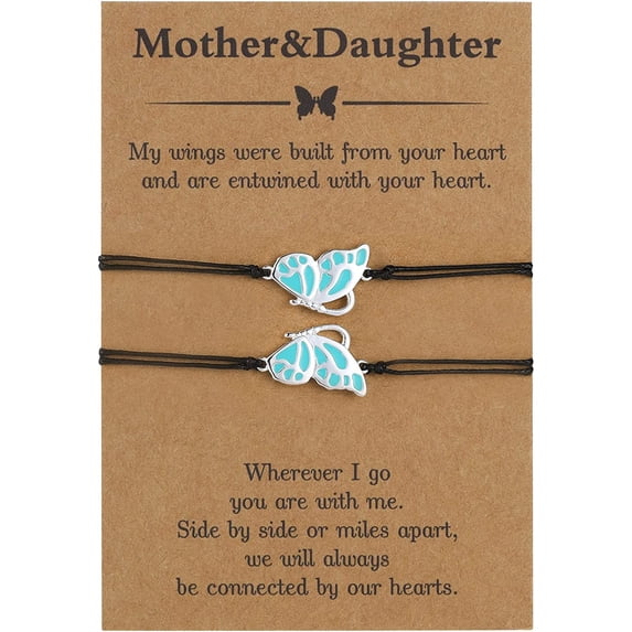 APSVO 2pcs Cyan Mother Daughter Bracelets for Women Girls, Matching Butterfly Pendant Bracelets Set, Mom Daughter Bracelets Jewelry, Mother's Day Gift