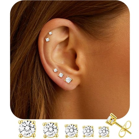 APSVO 5 Pairs 18K Gold Plated CZ Stud Earrings for Women Hypoallergenic Small Post Earring Sets Birthday Valentines Day Jewelry Gifts Teen Her Mom Girlfriend Female Lady Wife Adults Ideas