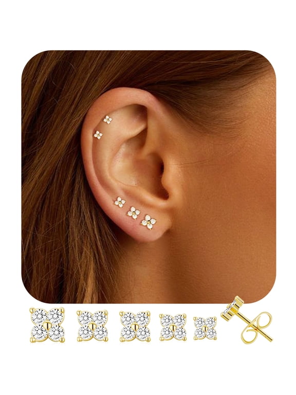 5 Pairs 18K Gold Plated Flower Stud Earrings for Women Hypoallergenic Small Post Earring Sets Birthday Christmas Jewelry Gifts Teen Stocking Stuffers Adults Ideas