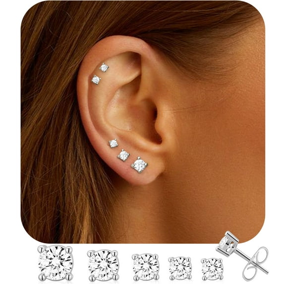 APSVO 5 Pairs 18K White Gold Plated CZ Stud Earrings for Women Hypoallergenic Small S925 Sterling Silver Post Earring Sets Birthday Valentines Day Jewelry Gifts Teen Her Mom Girlfriend Adults Ideas
