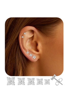 5 Pairs 18K White Gold Plated Flower Stud Earrings for Women Hypoallergenic Small S925 Sterling Silver Post Earring Sets Birthday Graduation Jewelry Gifts Teen Her Wife Adults Ideas