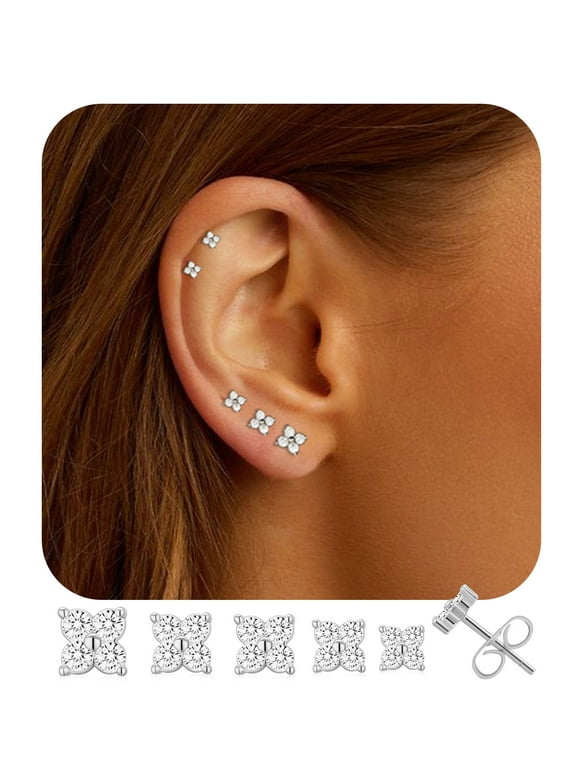 5 Pairs 18K White Gold Plated Flower Stud Earrings for Women Hypoallergenic Small Post S925 Sterling Silver Earring Sets Birthday Valentines Day Jewelry Gifts Teen Her Girlfriend Adults Ideas