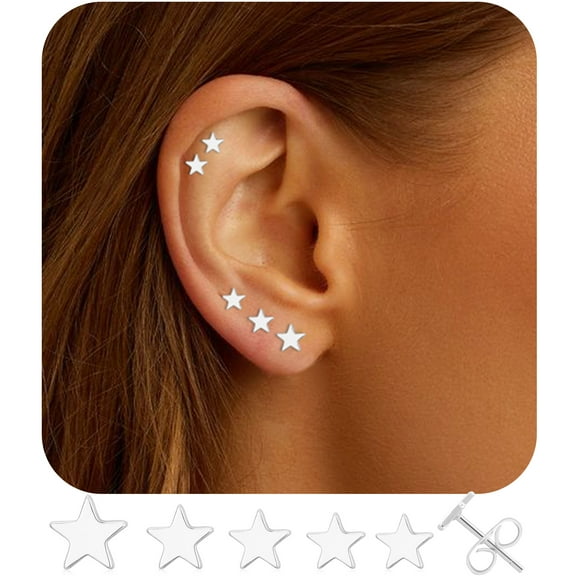 APSVO 5 Pairs 18K White Gold Plated Star Stud Earrings for Women Hypoallergenic Small Post S925 Sterling Silver Earring Sets Birthday Valentines Day Jewelry Gifts Teen Her Mom Girlfriend Adults Ideas