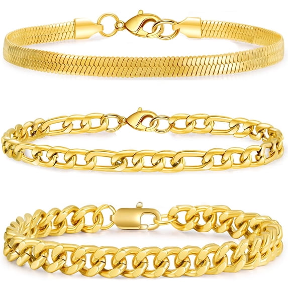 APSVO 3 Pcs 18K Gold Plated Bracelets for Men Women Boys Charm Cuban Figaro Herringbone Chain Bracelets Set Birthday Valentines Day Jewelry Gifts Teen Him Dad Adult Kids Ideas 6.5/7/7.5/8.3/9 Inch