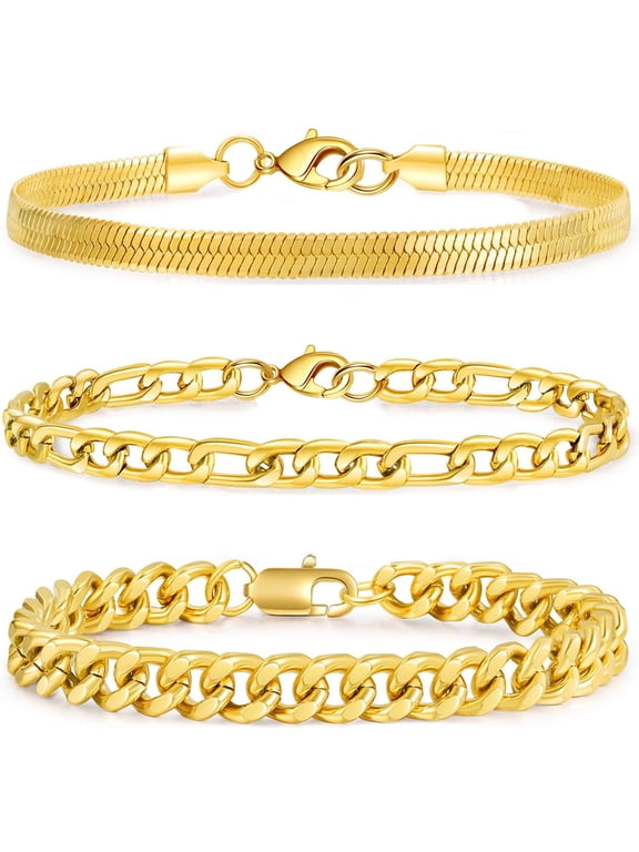 3 Pcs 18K Gold Plated Bracelets for Men Women Charm Cuban Figaro Herringbone Chain Bracelets Set Birthday Christmas Jewelry Gifts Stocking Stuffers Teen Boys Girls 9 Inch