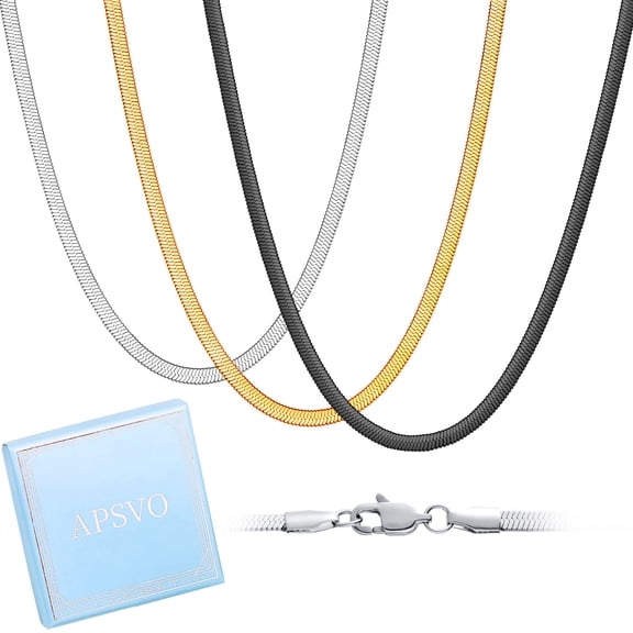 APSVO 3 Pcs Chain Necklace for Men Women 5mm Stainless Steel Silver Black Gold Herringbone Chains Set Paired with Pendants Birthday Jewelry Gifts Ideas Dad Mom Teen Age 20" Inch