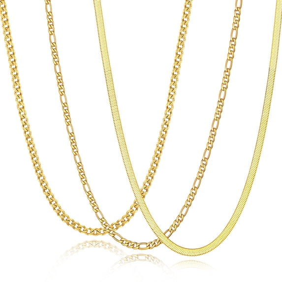 APSVO 3 Pcs Gold Plated Necklaces for Men Women Stainless Steel Cuban Figaro Herringbone Chains Set Birthday Christmas Jewelry Gifts Teen Boys Girls Stocking Stuffers Kids Ideas 24 Inch
