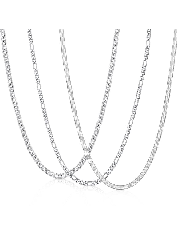 3 Pcs Silver Plated Necklaces for Men Women Stainless Steel Cuban Figaro Herringbone Chains Set Birthday Christmas Jewelry Gifts Teen Boys Girls Stocking Stuffers Kids Ideas 20 Inch