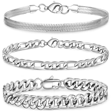 APSVO 3 Pcs Sterling Silver Plated Bracelets for Men Women Boys Charm Cuban Figaro Herringbone Chain Bracelets Set Birthday Valentines Day Jewelry Gifts Teen Him Dad Kids Ideas 6.5/7/7.5/8.3/9 Inch