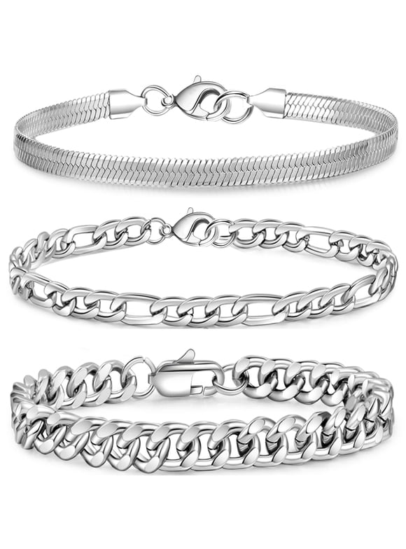 3 Pcs Sterling Silver Plated Bracelets for Men Women Boys Charm Cuban Figaro Herringbone Chain Bracelets Set Birthday Valentines Day Jewelry Gifts Teen Him Dad Kids Ideas 6.5/7/7.5/8.3/9 Inch