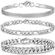 APSVO 3 Pcs Sterling Silver Bracelets for Men Women Boys Charm Cuban Figaro Herringbone Chain Bracelets Set Birthday Christmas Jewelry Gifts Teen Dad Adult Stocking Stuffers Kids 6.5/7/7.5/8.3/9 Inch