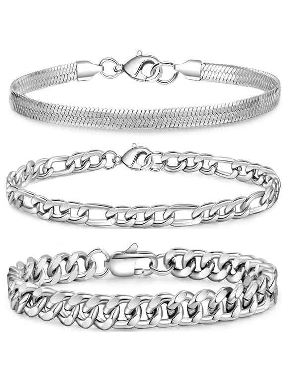 Birthday Christmas Jewelry Gifts for Men Women Teen Boys Girls Stocking Stuffers Kids Silver Slated 3 Pcs 925 Silver Slated Bracelets Charm Cuban Figaro Herringbone Chain Bracelets Set 9 Inch