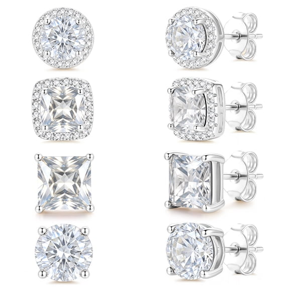 APSVO 4 Pairs 18K White Gold Plated Halo Stud Earrings for Women Men CZ Hypoallergenic with S925 Sterling Silver Post Earrings Set Birthday Christmas Jewelry Gifts Teen Stocking Stuffers Adults