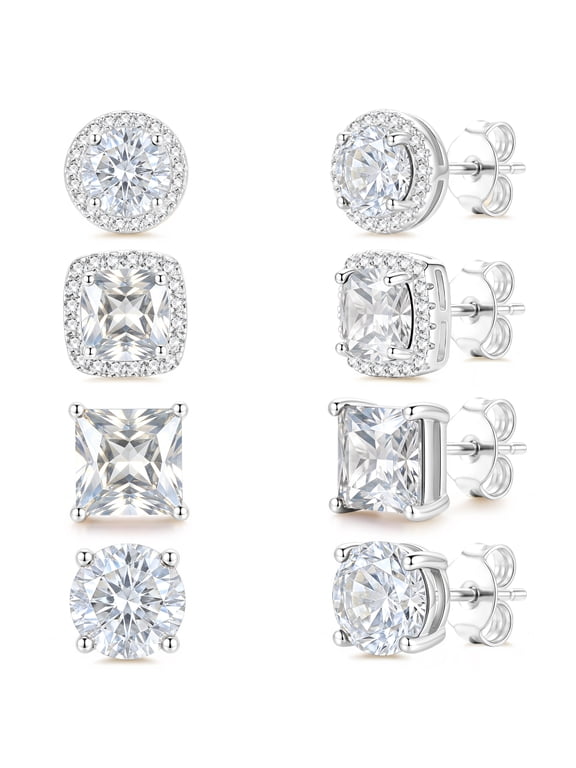4 Pairs 18K White Gold Plated Halo Stud Earrings for Women Men CZ Hypoallergenic with S925 Sterling Silver Post Earrings Set Birthday Christmas Jewelry Gifts Teen Stocking Stuffers Adults