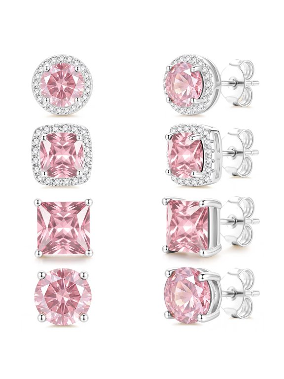 18K White Gold Plated Halo Stud Earrings for Women Men with S925 Silver Post October Birthstone Earrings Set with Pink Tourmaline Birthday Christmas Jewelry Gifts Teen Stocking Stuffers Adults
