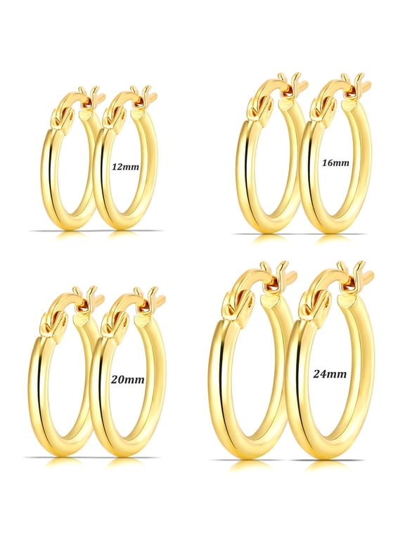 4 Pairs 18K Gold Plated Hoop Earrings for Women Post Huggie Hypoallergenic Earrings Set for Multiple Piercing Birthday Graduation Jewelry Gifts Her Teen Mom Wife Ideas 12/16/20/24MM