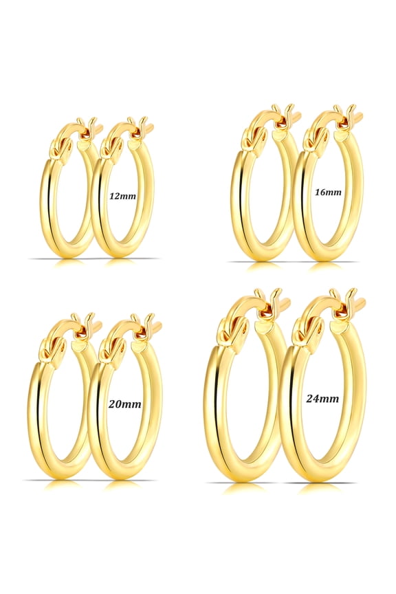4 Pairs 18K Gold Plated Hoop Earrings for Women Post Huggie Hypoallergenic Earrings Set for Multiple Piercing Birthday Valentines Day Jewelry Gifts Her Teen Mom Wife Adults Ideas 12/16/20/24MM
