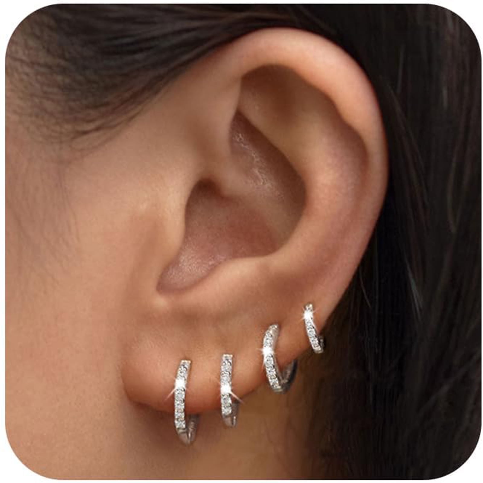 APSVO 4 Pairs Small Hoop Earrings for Women Girls Silver Small Cubic Zirconia Huggie Hypoallergenic Earrings Set for Multiple Piercing Dainty