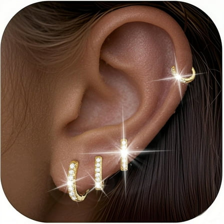 APSVO 4 Pairs 18K Gold Plated Hoop Earrings for Women CZ Small Huggie Cartilage Post Hypoallergenic Earrings Set for Multiple Piercing Birthday Valentines Day Jewelry Gifts Her Teen Mom Adults Ideas