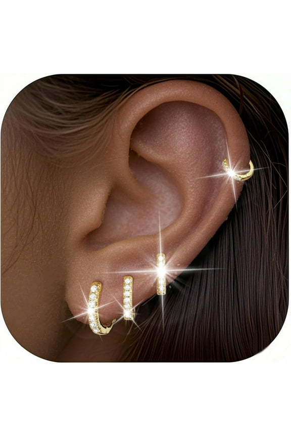 4 Pairs 18K Gold Plated Hoop Earrings for Women CZ Small Huggie Cartilage Post Hypoallergenic Earrings Set for Multiple Piercing Birthday Valentines Day Jewelry Gifts Her Teen Mom Adults Ideas
