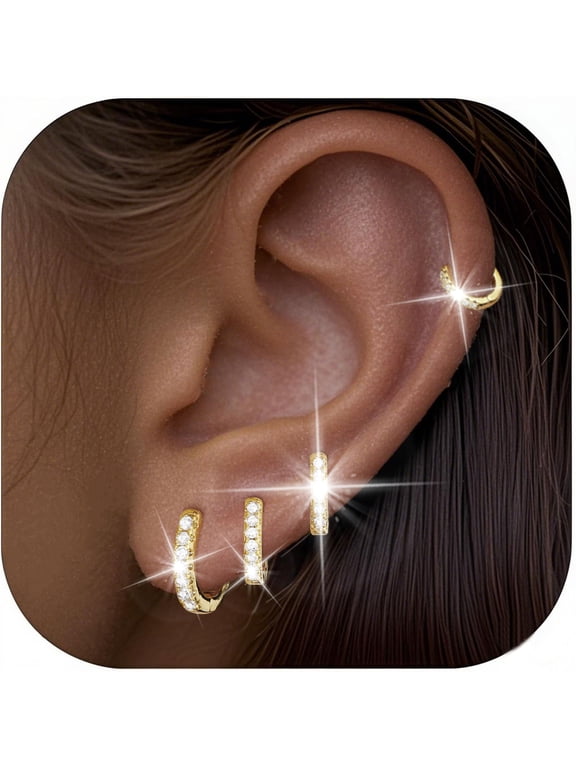 4 Pairs 18K Gold Plated Hoop Earrings for Women Small Huggie Cartilage Post Hypoallergenic Earrings Set for Multiple Piercing Birthday Christmas Jewelry Gifts Teen Stocking Stuffers Adults
