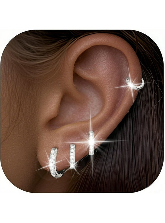 4 Pairs Silver Hoop Earrings for Women CZ Small Huggie Cartilage Post Hypoallergenic Earrings Set for Multiple Piercing Birthday Valentines Day Jewelry Gifts Her Teen Mom Wife Lady Adults Ideas