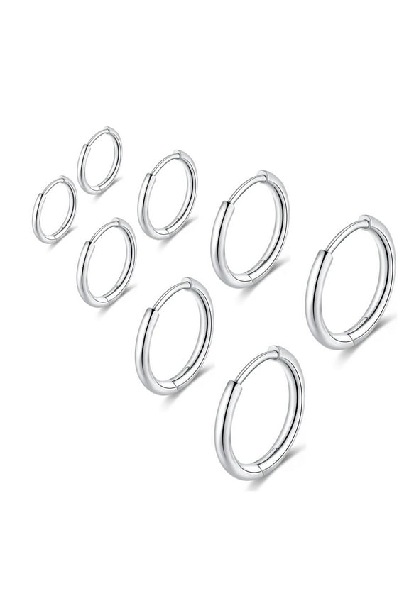 4 Pairs Silver Hoop Earrings for Women Small Huggie Cartilage Post Hypoallergenic Earrings Set for Multiple Piercing Birthday Valentines Day Jewelry Gifts Her Teen Mom Wife Lady Adults Ideas