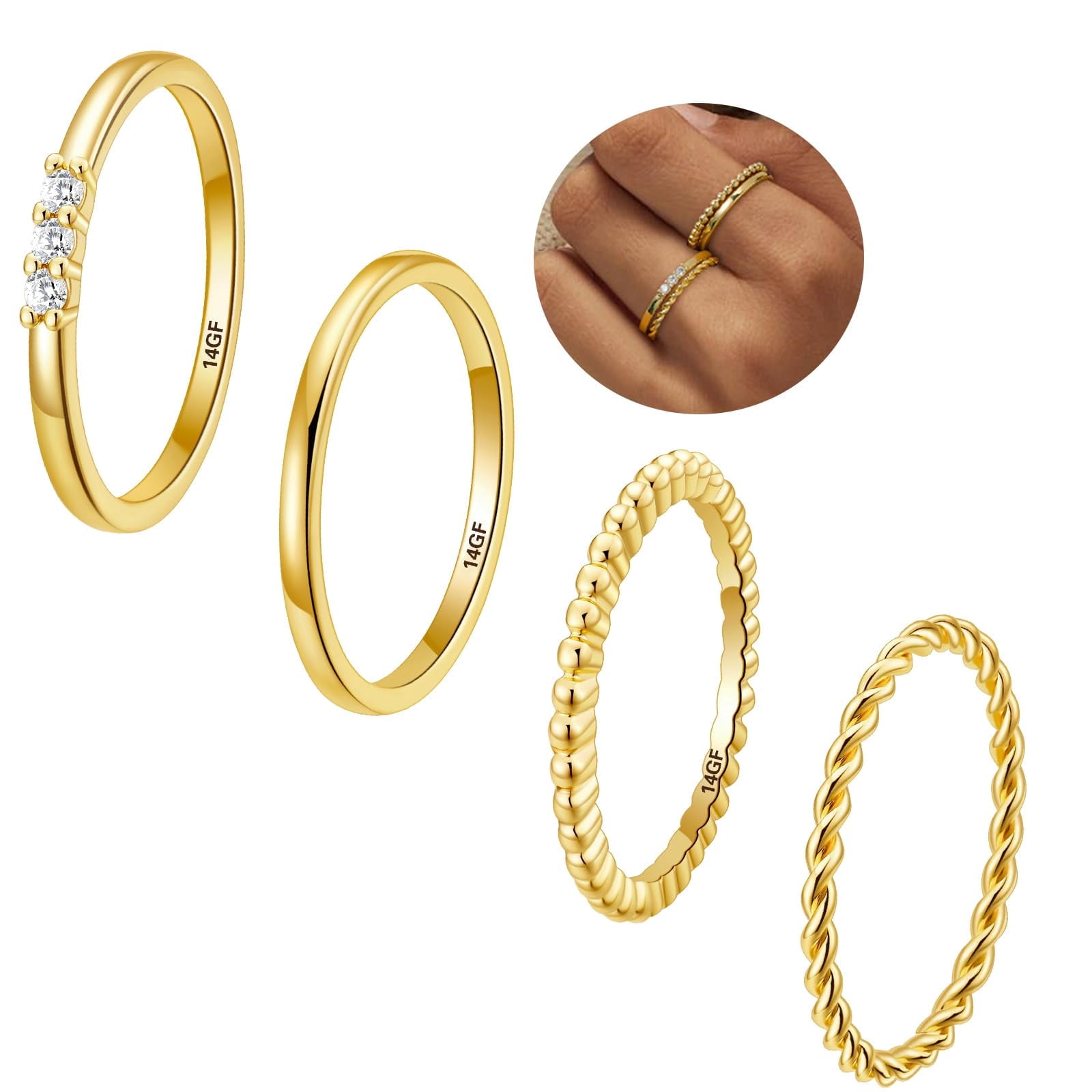 LUNVKY 14K Filled Gold Plated Rings Women Girls Mom Non Tarnish Knuckle Fashion CZ Birthstone Ring Pinky Thin Thumb Stackable Ring Set Accessories Bi